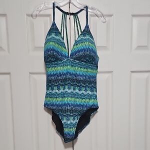 La Blanca Bright Blue and Green Geometric One-Piece Swimsuit Womens 14 EUC